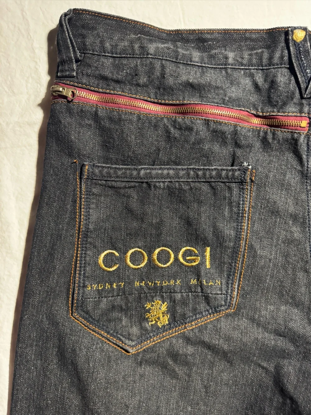 COOGI Black Denim Jeans with Red & Gold Embroidered Back 42x 16 1/2
